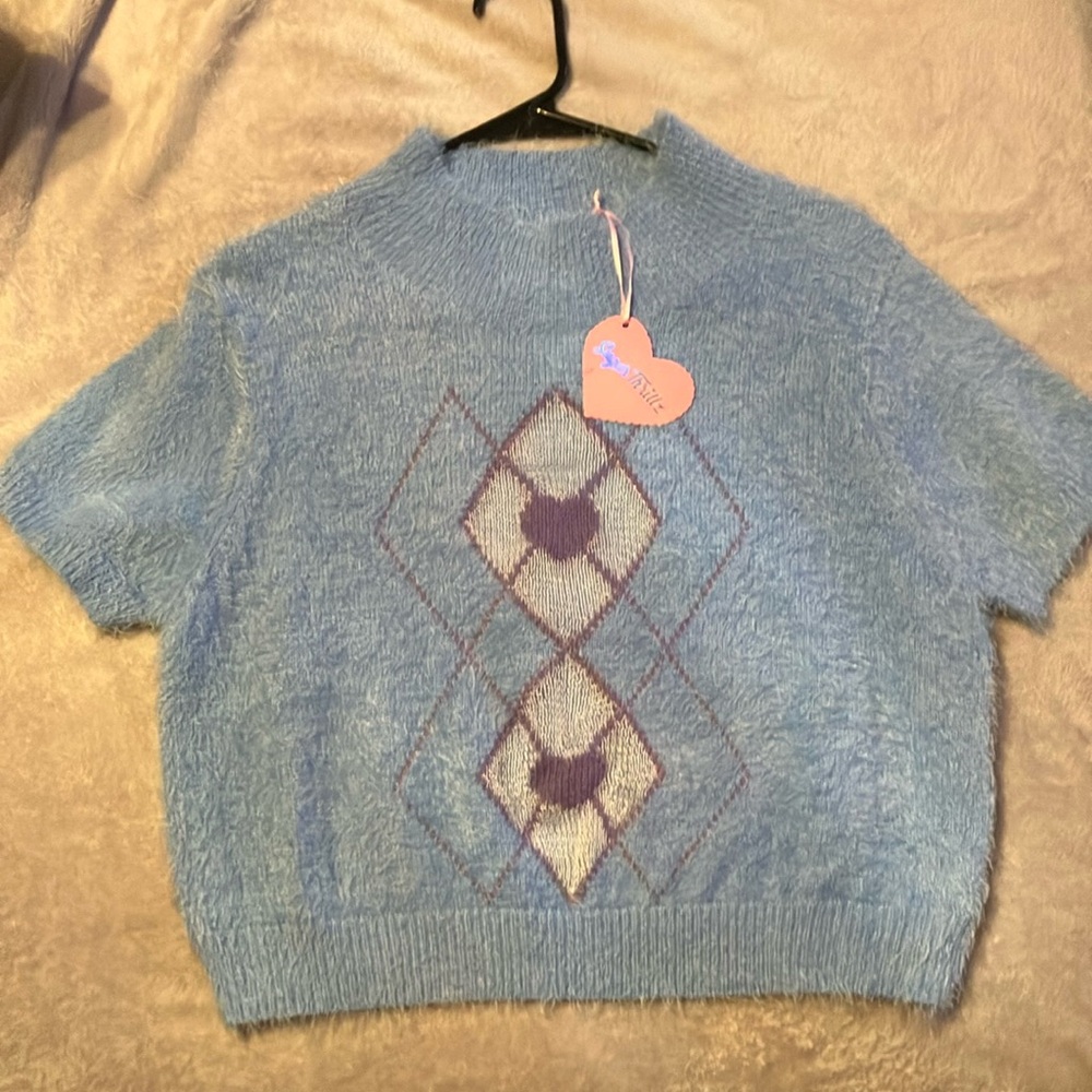 Blue Crew Neck Sweater with Argyle Pattern